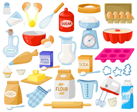 Cartoon baking ingredients. Bakery ingredients, baking flour, eggs, butter and milk vector illustration set. Pastry prepare cooking ingredients. Food supplies as rolling pin , mixerのイラスト素材