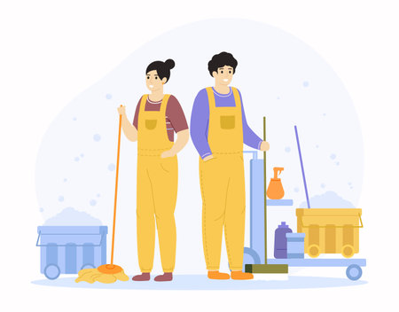 Cleaning service characters. Professional cleaner workers, domestic housekeeping service people. Cleaner company male and female employees vector illustration. Man and woman in uniform with detergentのイラスト素材