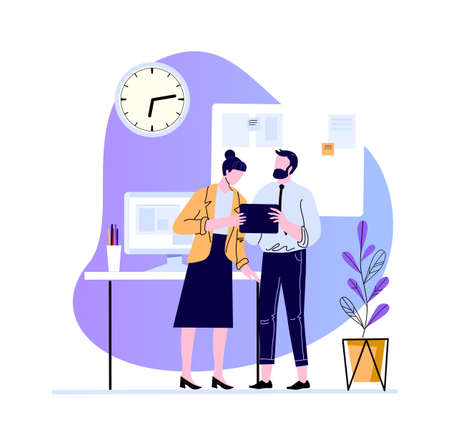 Business colleagues discussion in office. Vector communication characters, teamwork corporate colleague at workplace illustrationのイラスト素材