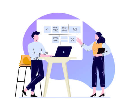 Presentation work schedule, disscusing and explain. Vector corporate discussion in office, illustration meeting characters manager woman and manのイラスト素材