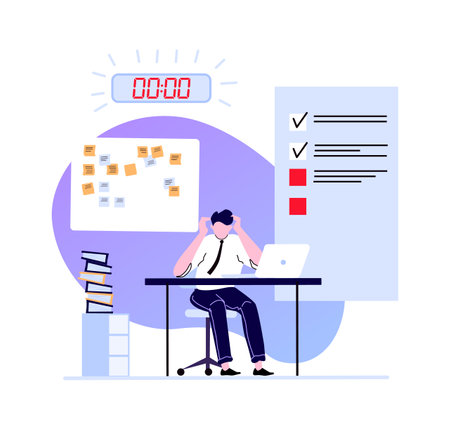 Deadline concept, employee busy and hurry finish work. Illustration character at workplace feel stress, manager office employee try work done in time vectorのイラスト素材