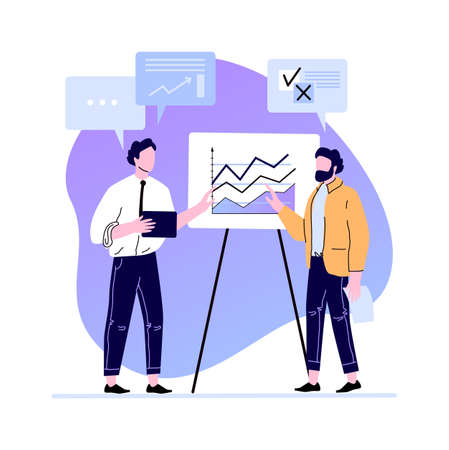 Business meeting presentation charts and diagramm on board. Professional business communication and working management. Vector illustrationのイラスト素材
