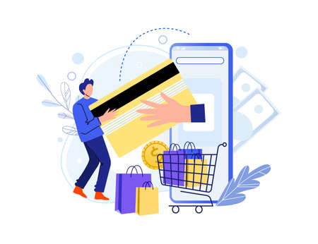 Buy in online shop with smartphone, pay card. Vector smartphone, commerce online shop, use gadget for buy and online shopping illustrationのイラスト素材