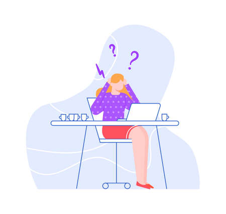 Confused and stressed woman in office with questions. Vector office problem, business person stress, have lot question, woman work cartoon illustrationのイラスト素材