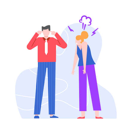 Wife scolds husband, quarrel between man and woman. Relationship conflict man and woman, angry woman argument to man. Vector illustrationのイラスト素材