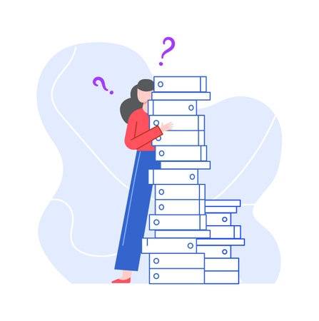 Puzzled and pensive woman with stack of folders. Illustration lady with question, problem confused, find solution, uncertain and confusion vectorのイラスト素材