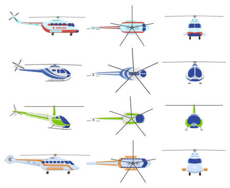 Helicopter aircraft vehicles. Avia transportation, city urban, private and medical rescue helicopter. Helicopter aviation vector illustration set. Aircraft helicopter, transport aviation collectionのイラスト素材