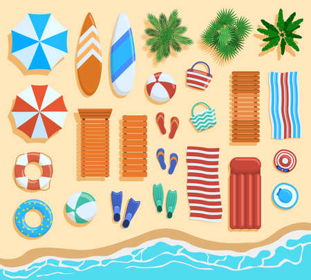 Beach elements top view. Sandy beach elements, tropical palms, chairs, umbrellas view from above. Ocean beach coastline objects vector illustration. Ocean beach sand coast with umbrella and chairsのイラスト素材