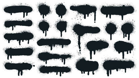 Spray paint shapes. Sprayed grunge dripping dots and borders, abstract graffiti spraying textured shapes vector illustration set. Paint splatter symbols. Dripping spraying textured, spatter textureのイラスト素材