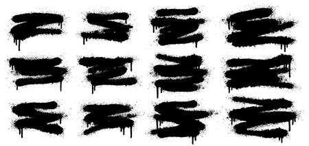 Spray painted banners. Grunge street art sprayed texture, graffiti drip shapes or frames. Paint sprayed silhouette vector illustration symbols set. Spray dirty grunge, paint black splashのイラスト素材