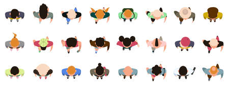 People top view. Male and female characters view from above, walking, standing men and women. Top view people poses vector illustration set. Male and female people top viewのイラスト素材