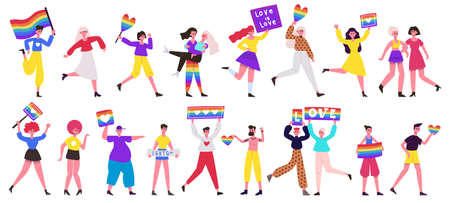 Lgbt pride parade. Love parade, lesbian, gay, bisexual and transgender community movement. Pride parade vector illustration set. Rainbow flag pride, rights lgbt homosexualityのイラスト素材