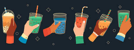 Bubble tea cups in hands. Sweet boba tea, hand holding bubble tea cup, popular taiwanese drink. Hands holding bubble tea vector illustration set. Drink bubble tea, beverage ice in handのイラスト素材