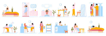 Daily women routine. Everyday woman work leisure activities, female daily life. Girl everyday schedule activities vector illustration set. Work daily leisure character, activity life everydayのイラスト素材