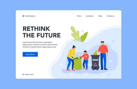 Rethink future landing page collect trash in bin. Illustration family collect in basket, junk dustbin, cleaning from litter vectorのイラスト素材