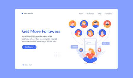 Social media marketing landing page, more followers. Vector online social network media, networking business community illustrationのイラスト素材