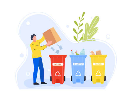 Garbage separation metal plastic and paper. Vector garbage sort and utilize, metal plastic and paper, safe environment, can trash to throw waste illustrationのイラスト素材