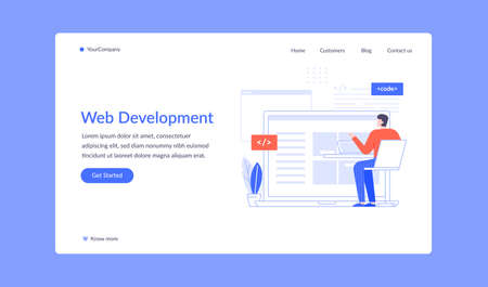 Web development, man coding and write script. Vector landinig page programmer man developer in office work with code illustrationのイラスト素材