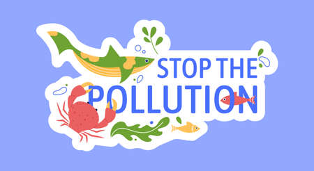 Stop pollution ocean and sea, banner badge. Vector pollution and garbage plastic in global water, no waste and keep ecology environment illustrationのイラスト素材
