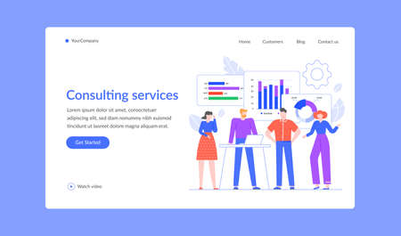 Consulting service for business, professional team landing page. Vector business team service consultant, professional consulting illustrationのイラスト素材
