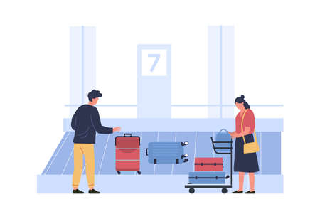 Luggage belt at airport, people pick up luggage. Vector airport and baggage to passenger, illustration bag carousel, and man looking forのイラスト素材