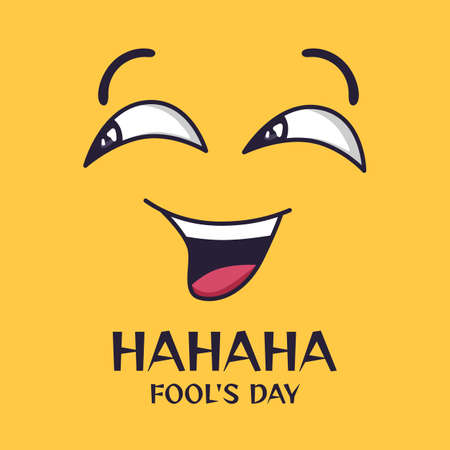 April fools day. Cartoon crazy laughing eyes and mouth, funny spring holiday vector poster, banner template with happy face. Illustration humor day entertainment, smile idiot fool, crazy comedianのイラスト素材