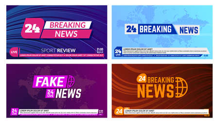 TV news banners. Breaking news banner headline, global news report backdrops. Television news broadcasting banners vector illustration set. Title on world map with bottom bar, message lineのイラスト素材