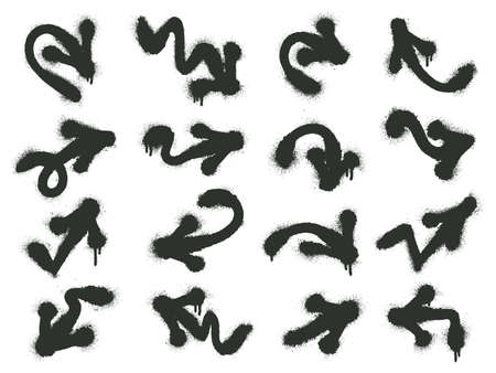 Spray graffiti arrows. Grunge texture ink pointing arrows, dirty paint pointer vector illustration set. Graffiti sprayed arrow symbols. Way and direction, dripping elements collectionのイラスト素材
