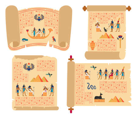 Egyptian papyrus scrolls. Ancient egypt papyrus with gods, hieroglyphics and pyramids vector illustration set. Historical ancient egyptian manuscriptsのイラスト素材