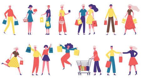Shopping characters. Men and women carrying shopping bags, shopaholic people in market or boutique store. Happy buyers characters vector illustration setのイラスト素材