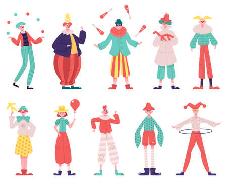 Clowns characters. Circus funny clowns with red nose and circus costume juggling and do tricks vector illustration set. Funny circus clownsのイラスト素材