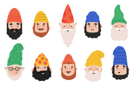 Garden gnomes emotions. Cute dwarf characters avatar, happy, funny and angry gnome faces. Dwarf fairy tale emoji mascots vector illustration setのイラスト素材