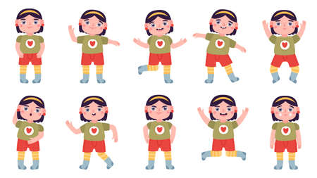 Little girl expression. Happy and angry little girl emotions, smile, sad kid expression. Cute girl character vector illustration setのイラスト素材