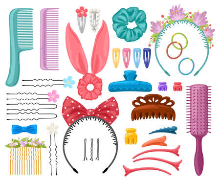 Hair accessories. Woman hair items, hair clips, hairpins, hairband and hair grips, female hair tools. Fashion hair accessories vector illustration setのイラスト素材