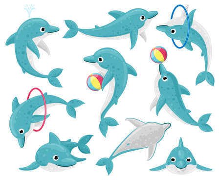 Cute cartoon dolphins. Underwater fauna mammal character, funny dolphin performing tricks. Dolphin ocean mascot vector illustration setのイラスト素材