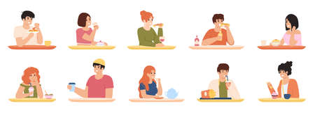 Eating characters. Men and women eating delicious food, characters having lunch. People eating delicious meal vector illustration setのイラスト素材