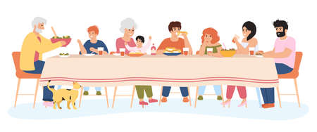 Family meal. People dining together, family eating delicious holiday meals. Dinner within family circle vector illustration setのイラスト素材