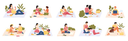 People at picnic. Outdoor meals, men and women eating delicious food on nature. Summer picnic recreation vector illustration setのイラスト素材