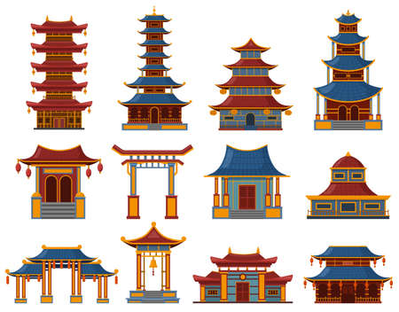 Chinese buildings. Architectural asian temples, palaces and pagoda houses, china cultural objects vector illustration set. Oriental traditional buildingsのイラスト素材