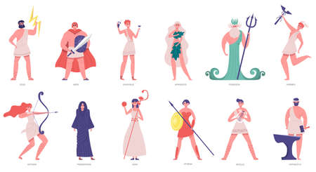 Ancient gods. Greek gods and goddesses, zeus, poseidon, athena, dionysus and ares.  gods cartoon characters vector illustration setのイラスト素材