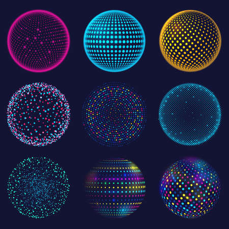 Dotted neon 3d sphere. Abstract atomic dotted spheres, 3d grid glowing spherical shapes vector illustration set. Digital neon sphere ballsのイラスト素材