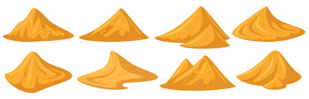 Sand piles. Yellow sandy heap, construction building material piles, bulk construction materials heaps. Sandy mounds vector illustration setのイラスト素材