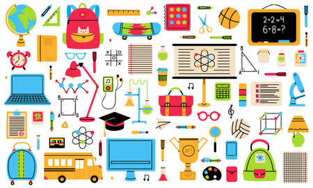 Back to school elements. School hand drawn symbols, globe, school bus, backpack and notepad isolated vector illustration set. School education badgesのイラスト素材