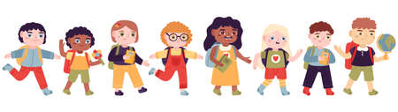 Children going to school. Boys and girls going to elementary school, happy pupils with backpacks vector illustration set. Elementary school pupilsのイラスト素材
