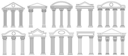 Ancient pediments. Greek and roman architecture temple facade with ancient pillars vector illustration set. Antique architectural pediments elementsのイラスト素材