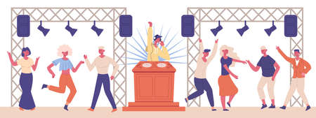 Dj musical party. Night club dancing characters and dj characters vector illustration. Dj music dancing entertainment eventのイラスト素材