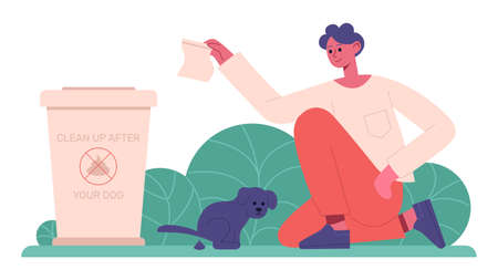 Cleaning after dog. Pet owner cleaning up after dog, domestic animal keeping. Responsible animal owner isolated vector illustrationのイラスト素材