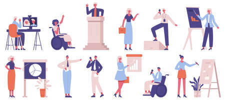 Business coach. Corporate business coaching, training, conference or seminar, teamwork speakers characters vector illustration set. Meeting seminar trainersのイラスト素材