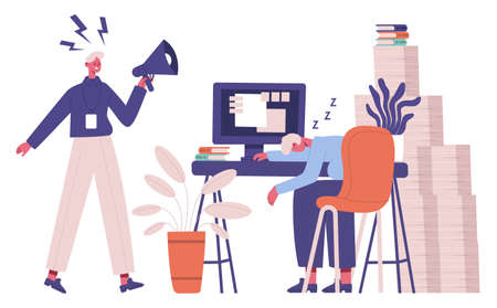 Lazy office worker. Unorganised manager tired from routine office work and angry boss vector illustration. Sleeping businessman office characterのイラスト素材
