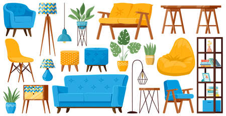 Living room furniture. Cartoon cozy home furniture items, sofa, armchair, table, lamp and couch vector illustration set. Modern interior furnitureのイラスト素材